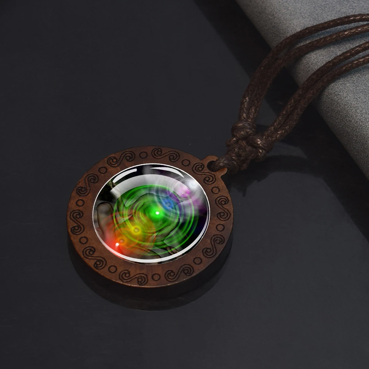 7Chakra Symbol Necklace Yoga Meditation Glass Dome Vintage Wooden Pendant Rope Chains Necklace Women Men Indian Buddhism Jewelry