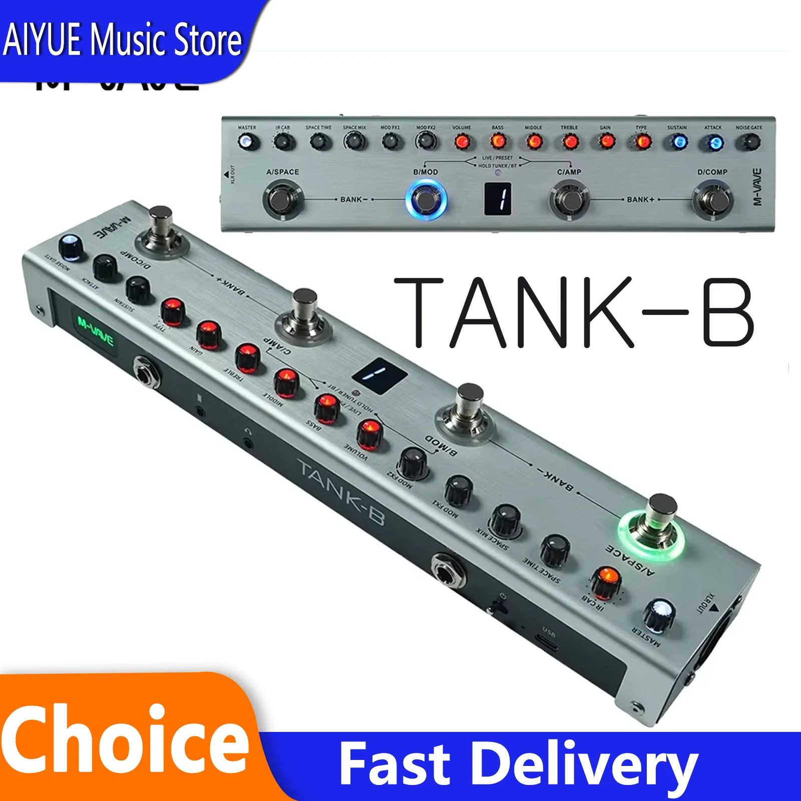 M-VAVE Tank-B Guitar Bass Multi-Effect Pedal 36 Presets 9 Preamp Slots 8 IR Cab Slots 3 Modulation/Reverb/Delay Rechargeable