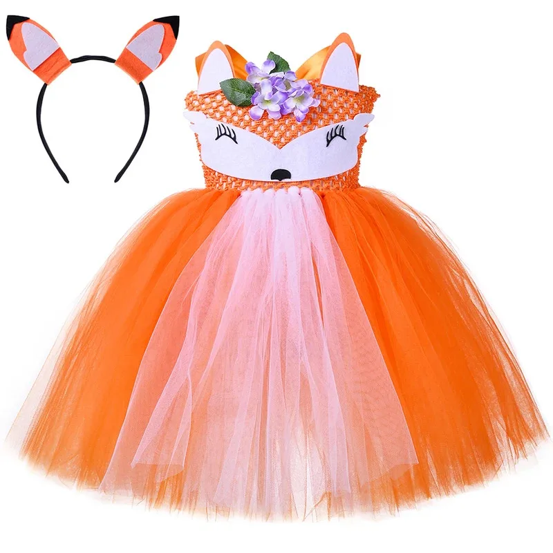 Костюмы оранжевой лисы с цветами для девочек, нарядное платье на подкладке с животными джунглей для детей, одежда на Хэллоуин и Рождество, карнавальный наряд для вечеринки