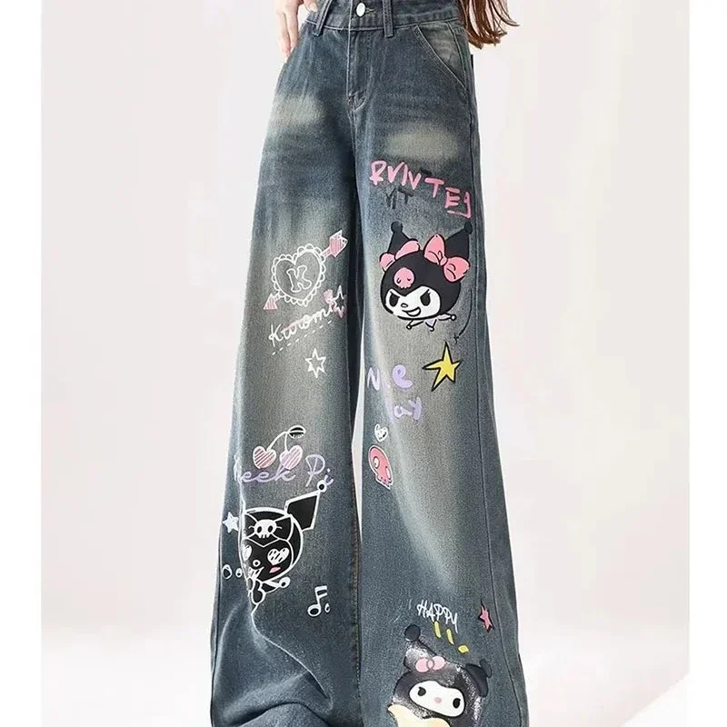 New Hello Kitty Kuromi washed jeans for female students with graffiti American straight design printed floor mopping retro loose