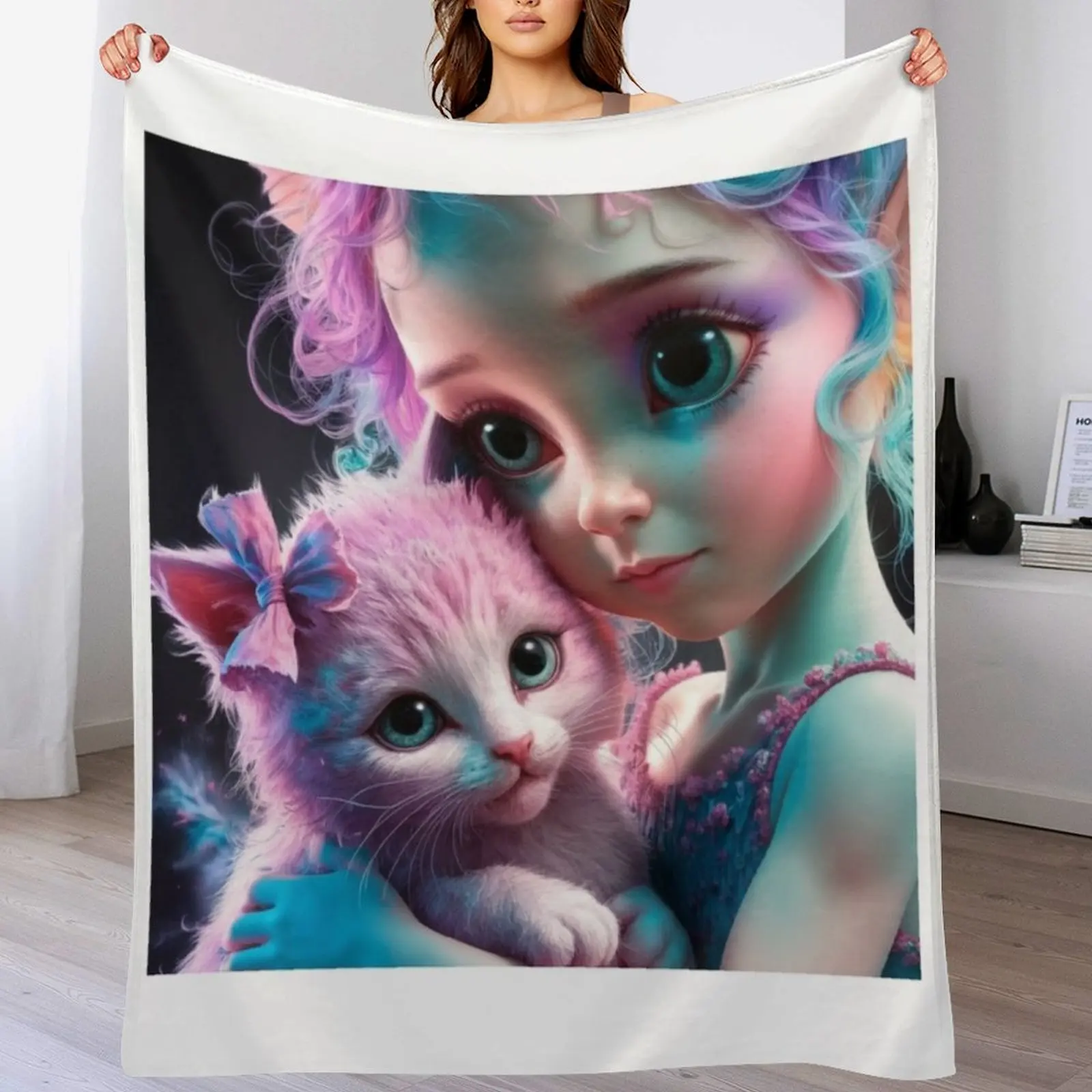 

Girl With Kitty Throw Blanket Warm Plush Fuzzy Blanket for Living Room