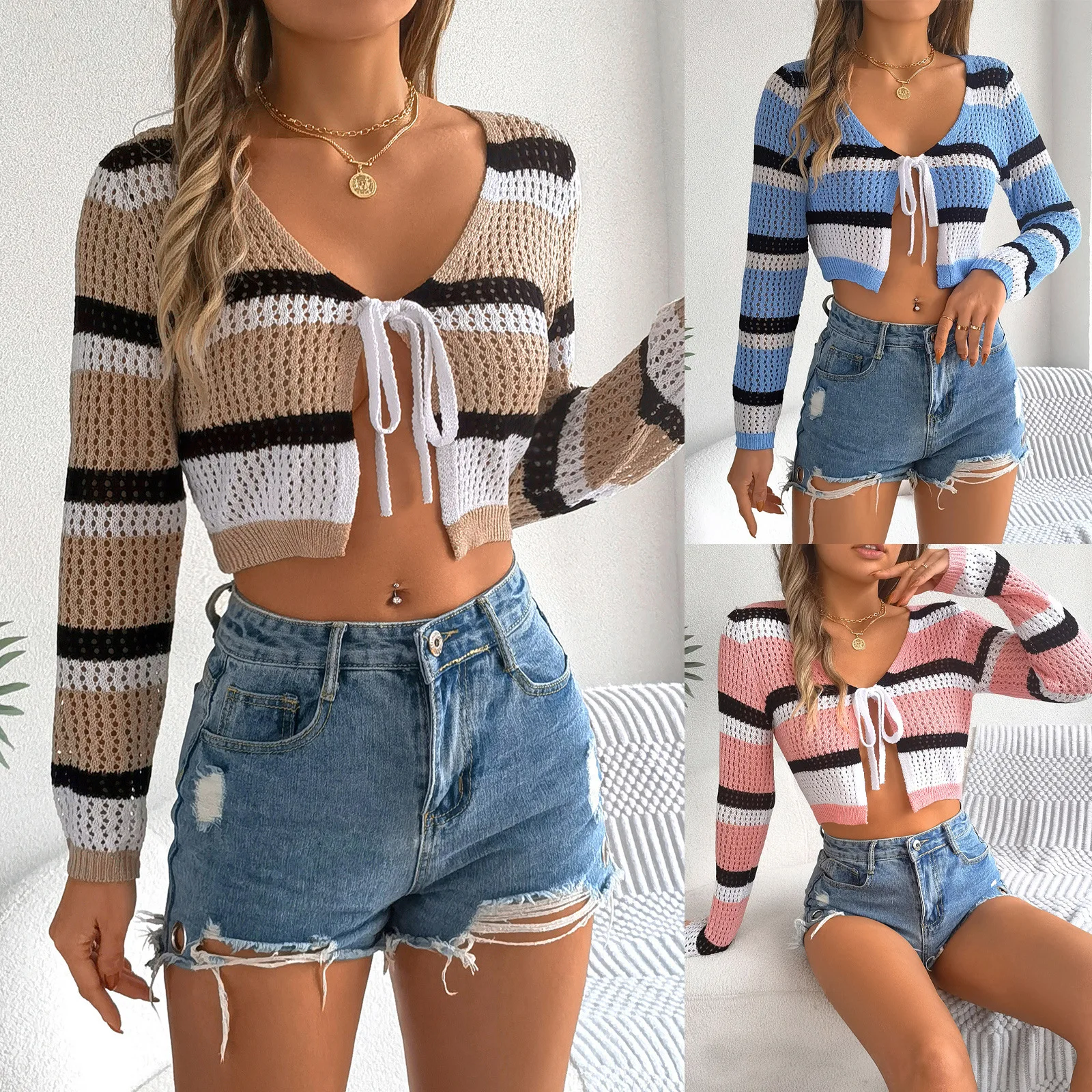 Summer Hollow Contrasting Striped Lace-up Long-sleeved Exposed Navel Knitted Cardigan Sunscreen Shirt Womens Clothing