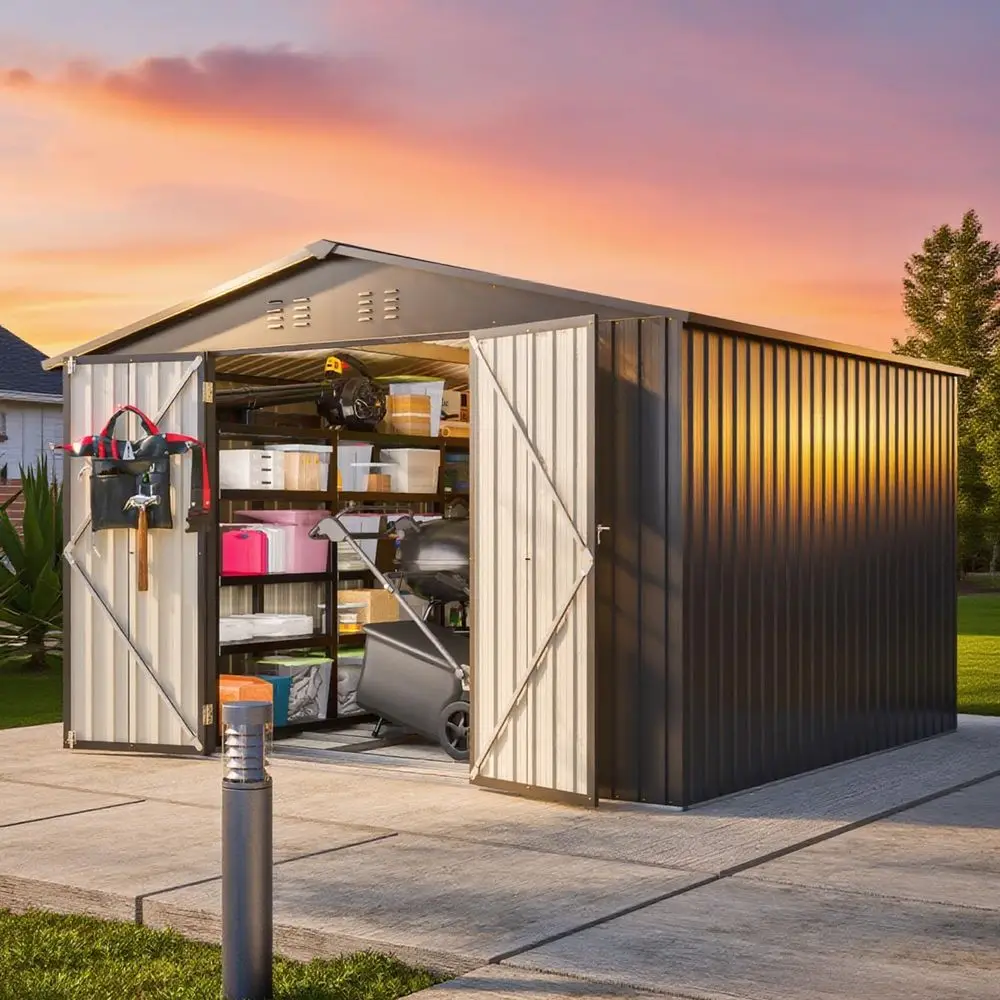 

Сарай для хранения на открытом воздухе 10x8 футов с полом, вентилируемый металлический садовый сарай, наклонная крыша, запираемая дверь, всепогодное хранилище для велосипедов