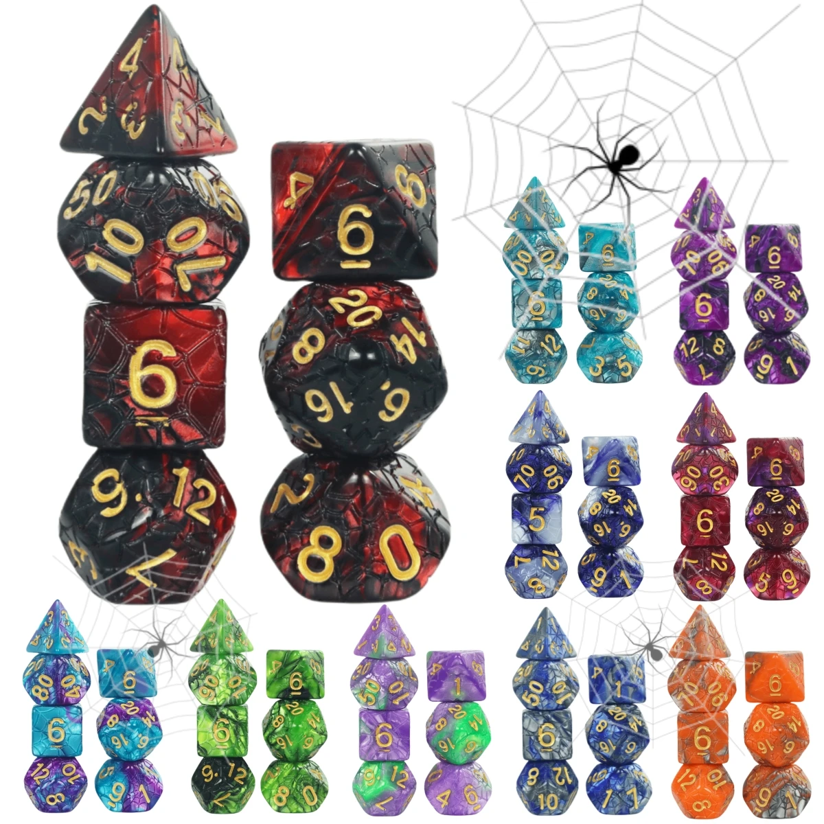 Unique Spider Web Dice Set with Velvet Pouch for Tabletop RPG and Board Game