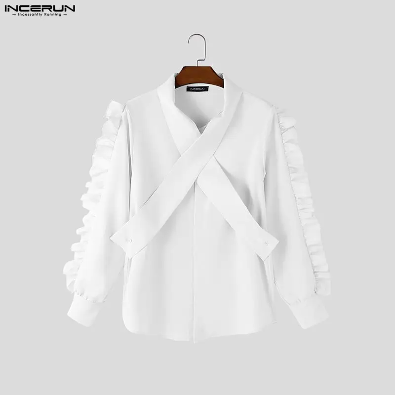 

INCERUN Мужская рубашка сплошной цвет с лацканами и длинными рукавами с рюшами повседневная мужская одежда уличная одежда свободные модные элегантные майки мужские топы
