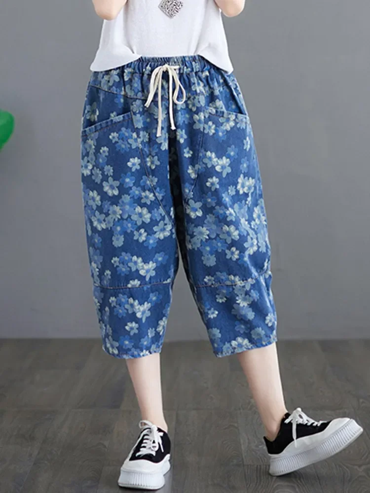 High Waist Calf-length Denim Pants Women New Arrival 2024 Summer Vintage Style Floral Print All-match Female Casual Jeans Z562