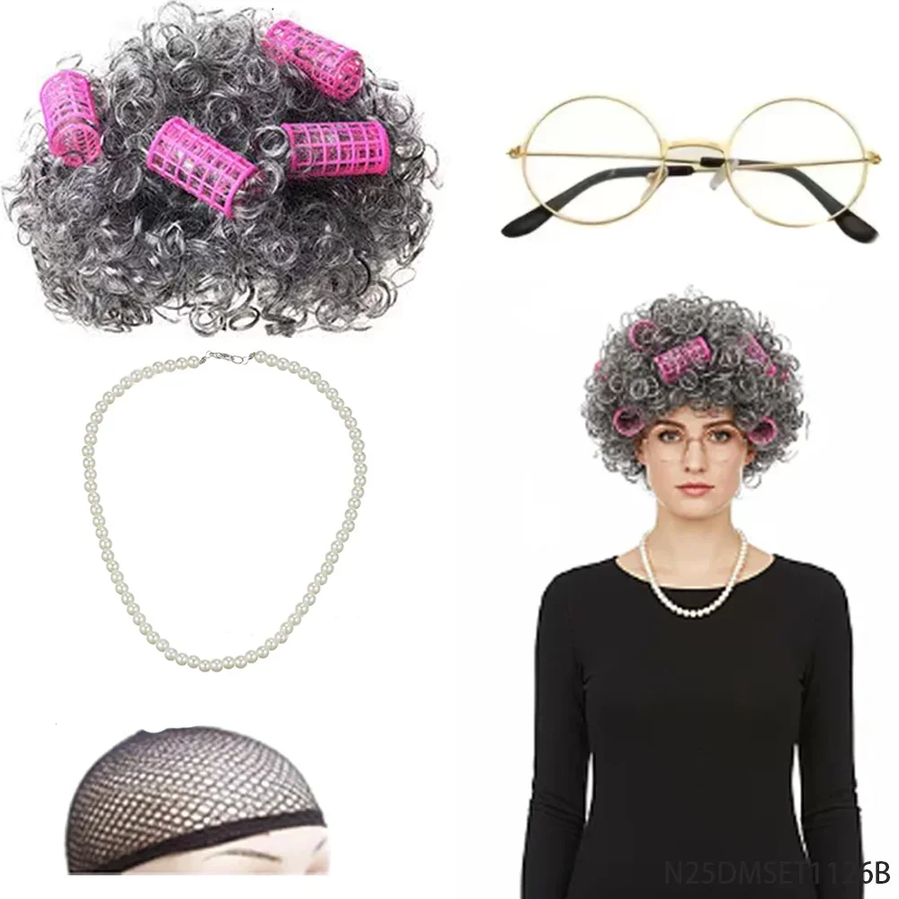 

PESENAR «Набор костюмов бабушки: вьющиеся парики, очки и аксессуары, идеально подходит для ностальгических тематических нарядных вечеринок».