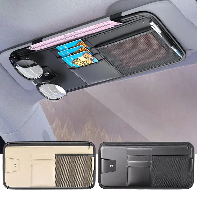 Universall Car Sun Visor Eyeglass Hanger PU Leather Glasses Holder with pockets Multi-Function Automobile Storage Accessories