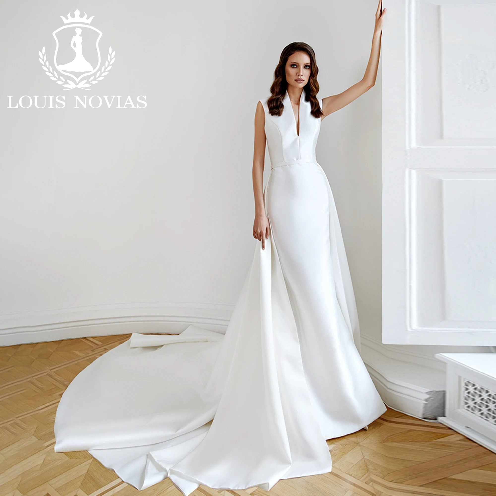 

LOUIS NOVIAS 2 IN 1 Mermaid Wedding Dress V-neck Detachable Train Customized Size Weddding Gown Vestidos Novias De Saten