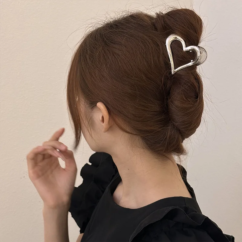 Pince à Cheveux en Métal localité et Argenté en Forme de Cœur Creux, Barrettes Géométriques Simples pour Queue de Cheval, Accessoires Cadeaux pour Femme et Fille