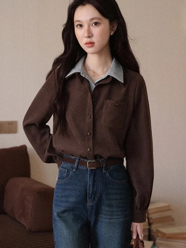 ALXNAN المرأة خمر قميص الخريف وهمية قطعتين اللون حجب أزرار معدنية بلوزة الأدب فريد لطيف القمم الإناث L58027