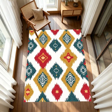 Colorful Ikat Diamond Ethnic Tribal Carpet Flooring, Bohemian Geometric Non-Slip Floor Rug for Living Room Bedroom Home Decoration