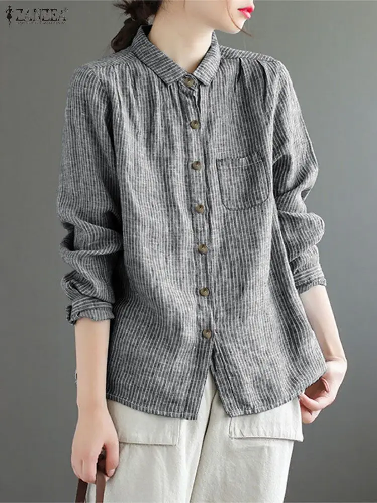 

ZANZEA Casual Striped Shirts Women 2025 Autumn Turn-Down Collar Button Up Long Sleeve Shirt Patch Pocket Everyday Wear S-3XL