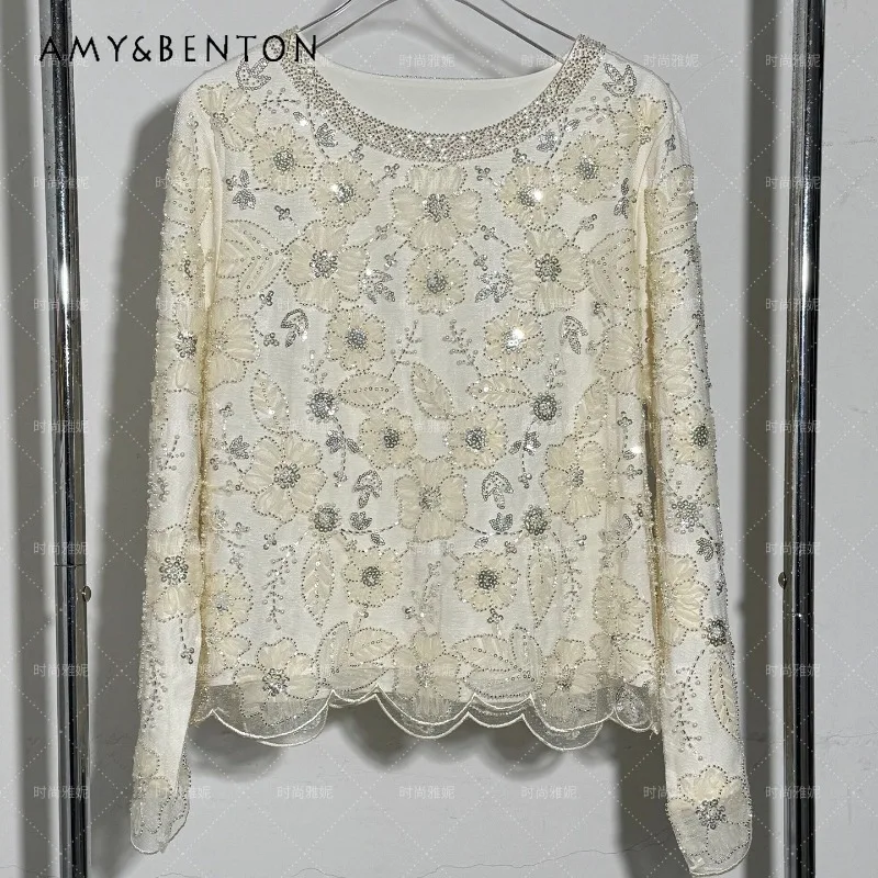 

Fluffy Floral Y2k Blusas Women's O-Neck Long Sleeved Shirt Versatile Pearl Beaded Sequin Lace Design Socialite Style Top Blouse