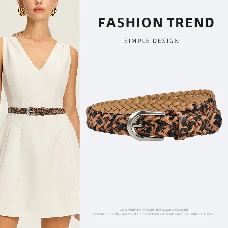 

Women's dress decorative belt, personalized leopard print, trendy, niche, non-punching woven belt