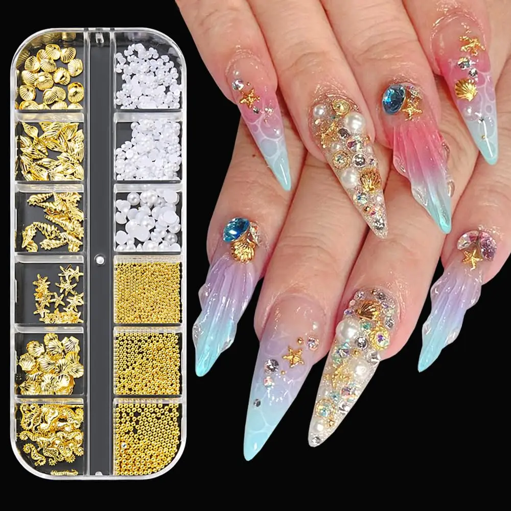 12Grid 3D Gold Seashell Starfish Nail Studs Charms White Round Pearls & Caviar Beads Nail Rhinestones Summer Ocean Nail  Decor 8