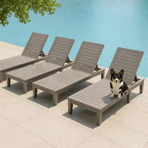 Outdoor Chaise Lounge Chairs Set of 4, 5-Position Adjustable Tanning Lounge Chairs with Wood Texture, All-Weather Resin