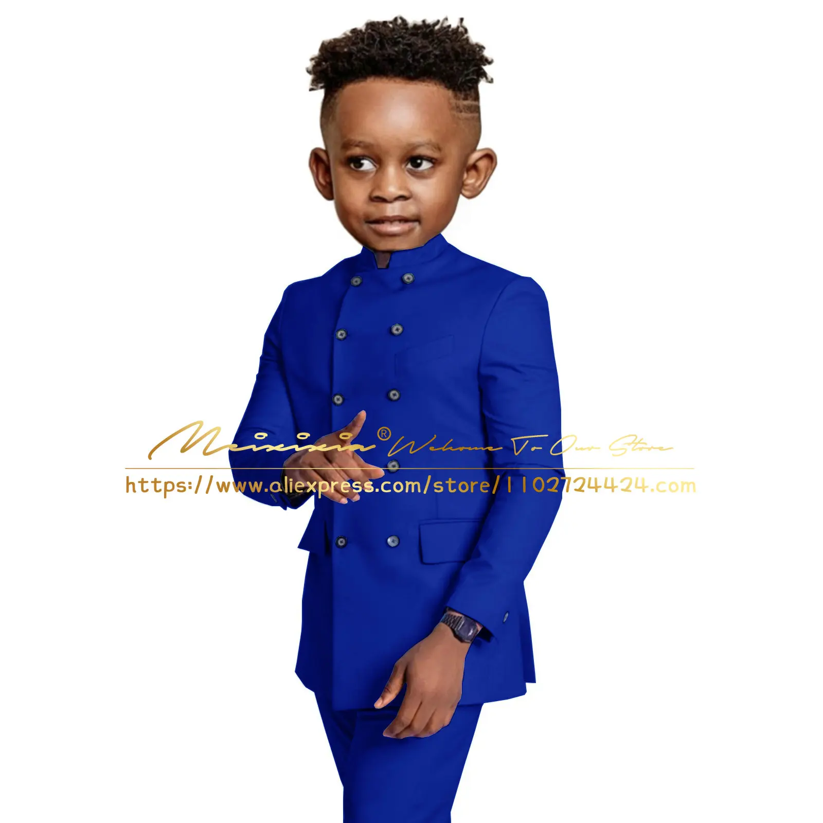 Purple Indian Design Boys Suit Jacket Pants 2 Piece Set Stand Collar Wedding Tuxedo Double Breasted Fashion Kids Blazer