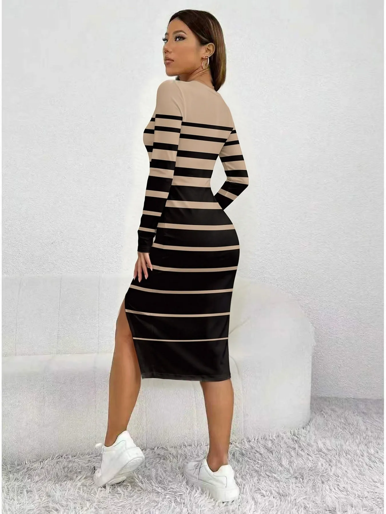 Women's Casual Maxi Dress Striped Color-Block Square Neck Long Sleeve Waist Cinched Skirt with Slit Comfortable Long Skirt - view 3