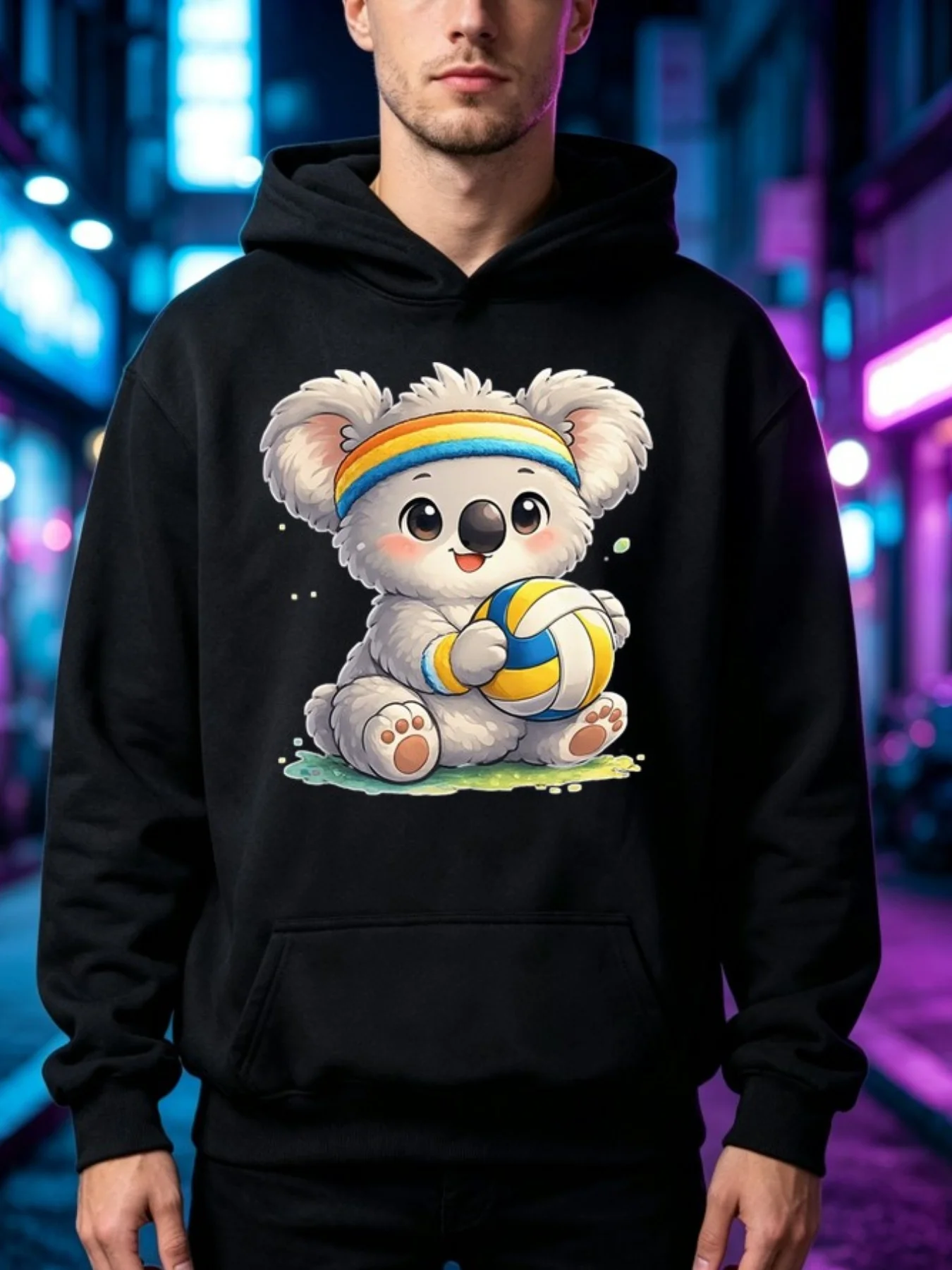 Men's Casual Hoodie with Cute Kangaroo Playing Volleyball Design, Loose Long-Sleeve Pullover Sweatshirt for Sports Enthusiasts, Suitable for Spring and Autumn Outdoor Daily Wear
