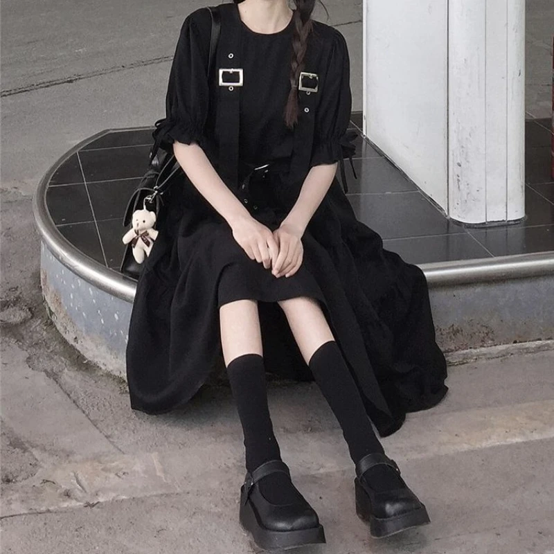 Nuovo abito vintage giapponese per donna Abito nero stile preppy Studenti primaverili e autunnali Abito coreano a pieghe larghe a trapezio Donna