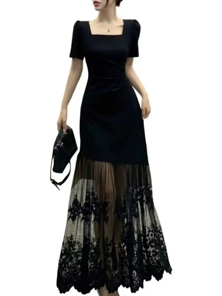 Sommer frauen Spitze Splice ort Sve Dr Quadratischen Kragen plus Größe Abnehmen Bla Lange Dr Hohe Taille A-Line Koreanische Sle