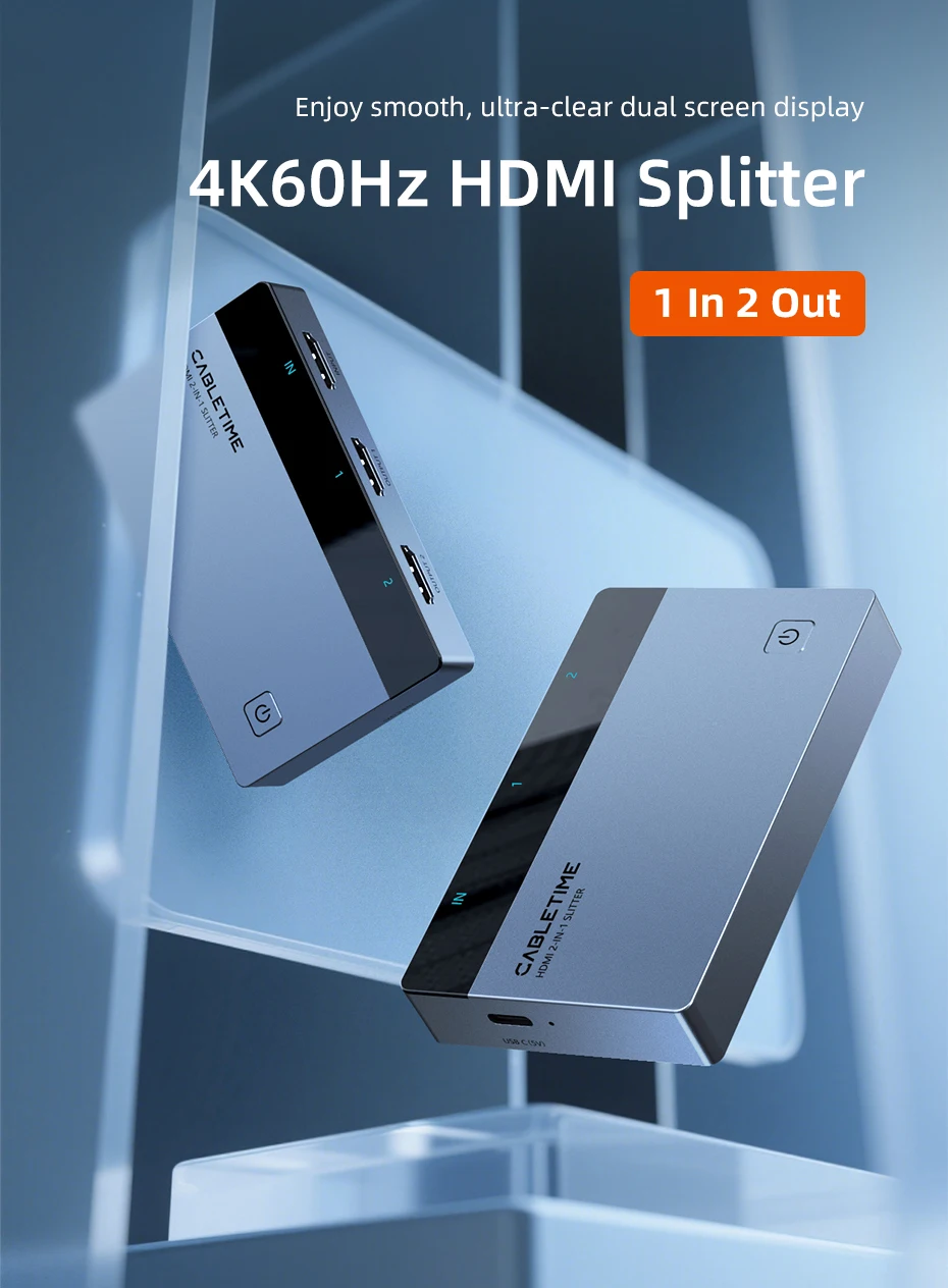 CABLETIME HDMI Splitter 1 IN 2 4K 60Hz LED Licht Bildschirm Splitter für HDTV Computer Monitor Schalter PS5 Xiaomi MacBook Laptop – Detail 1