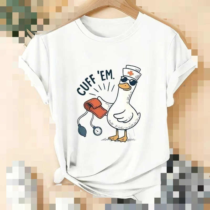 Funny Cuff 'Em Duck Nurse T‑Shirt Cute Cartoon Duck Blood Pressure Print Short Sleeve Tops Nurse Appreciation Gift Tees S-5XL