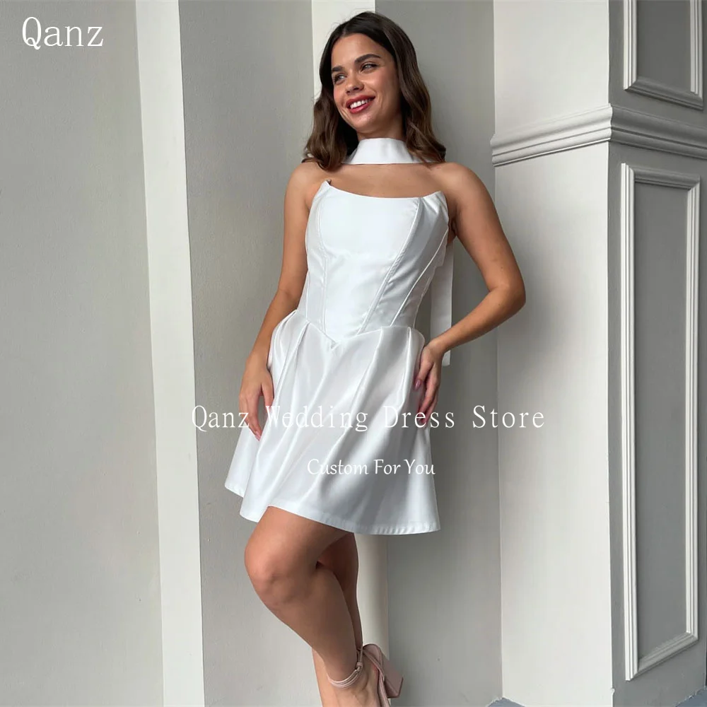

Qanz Simple Satin Wedding Party Dresses Strapless Above Knee Robes De Mariée Corset Back Short Vestido De Novia Civil Customized