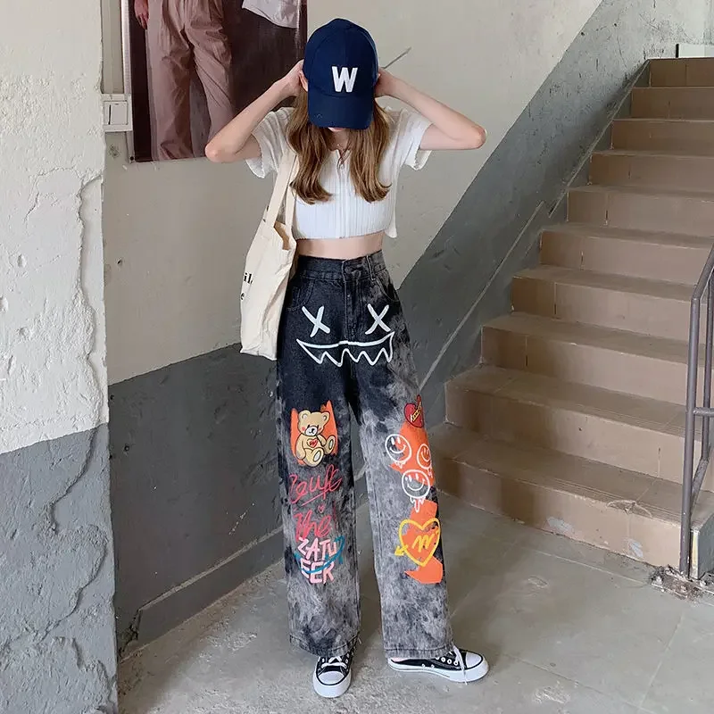 Alta qualidade graffiti impressão jeans novo americano streetwear baggy feminino y2k em linha reta calças de perna larga carga slouchy roupas vintage