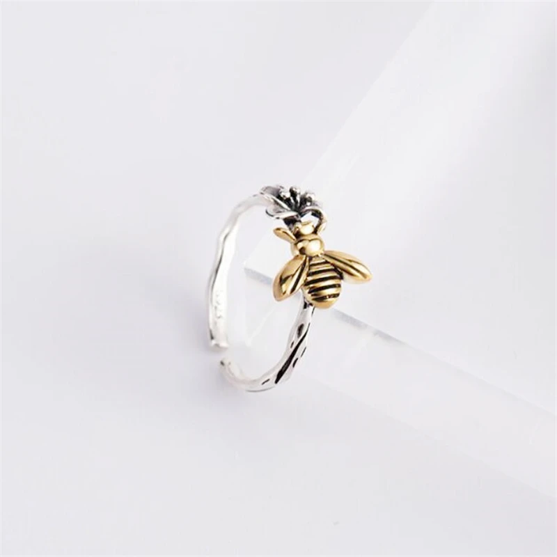 WYEAIIR 925 Sterling Silver Golden Bee Thai Silver Flower Resizable Opening Ring For Women Luxury Jewelry