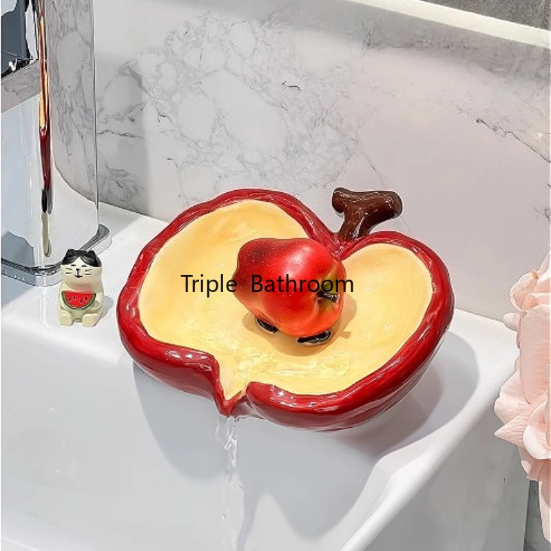 

1pc Ceramic Portable Apple Soap Dish, Red/Green Cartoon Apple Soap Dish, Soap Holder, Bathroom Supplies, Home Decoration
