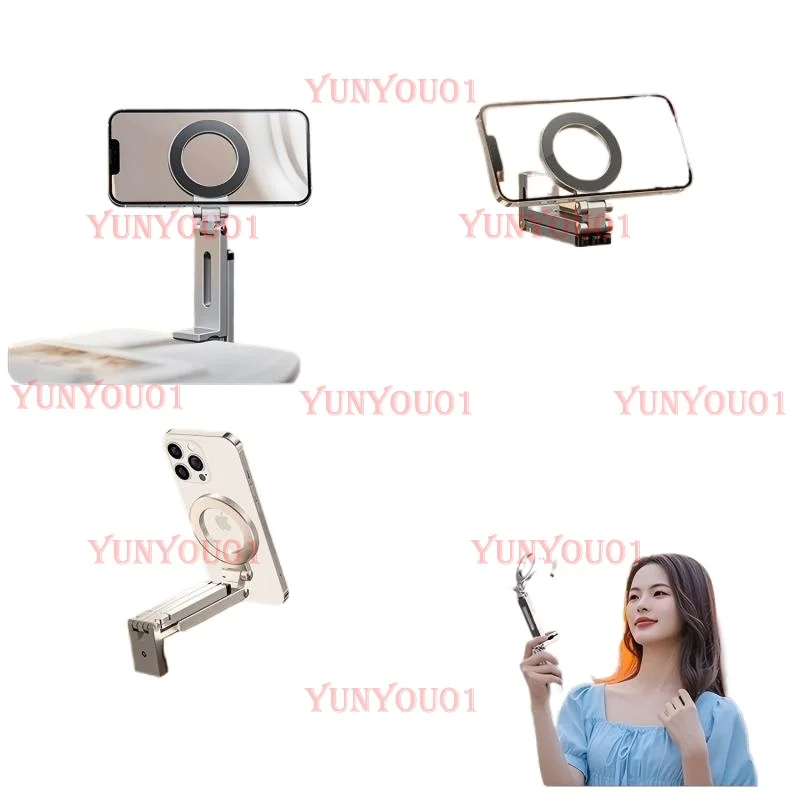 Portable Magnetic Phone Holder Aluminum Alloy 360° Rotating Foldable Tripod for Travel/Car/Desk, Travel Stand for Plane Train