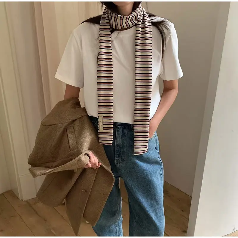 الكورية ضيق الأزرق والأبيض مخطط وشاح الرجعية الحلو وبارد فتاة الديكور وشاح المرأة الخريف الشتاء الدافئة تنوعا وشاح