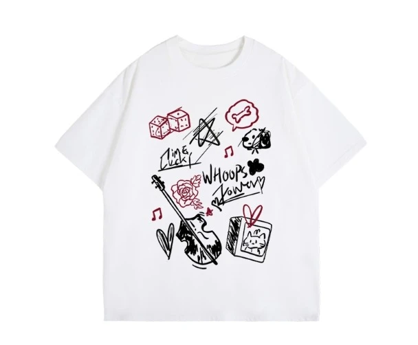 

2025 модная футболка унисекс из 100% чистого хлопка с рисунком скрипки Dice Rose и повседневная футболка с короткими рукавами и принтом букв Whoops