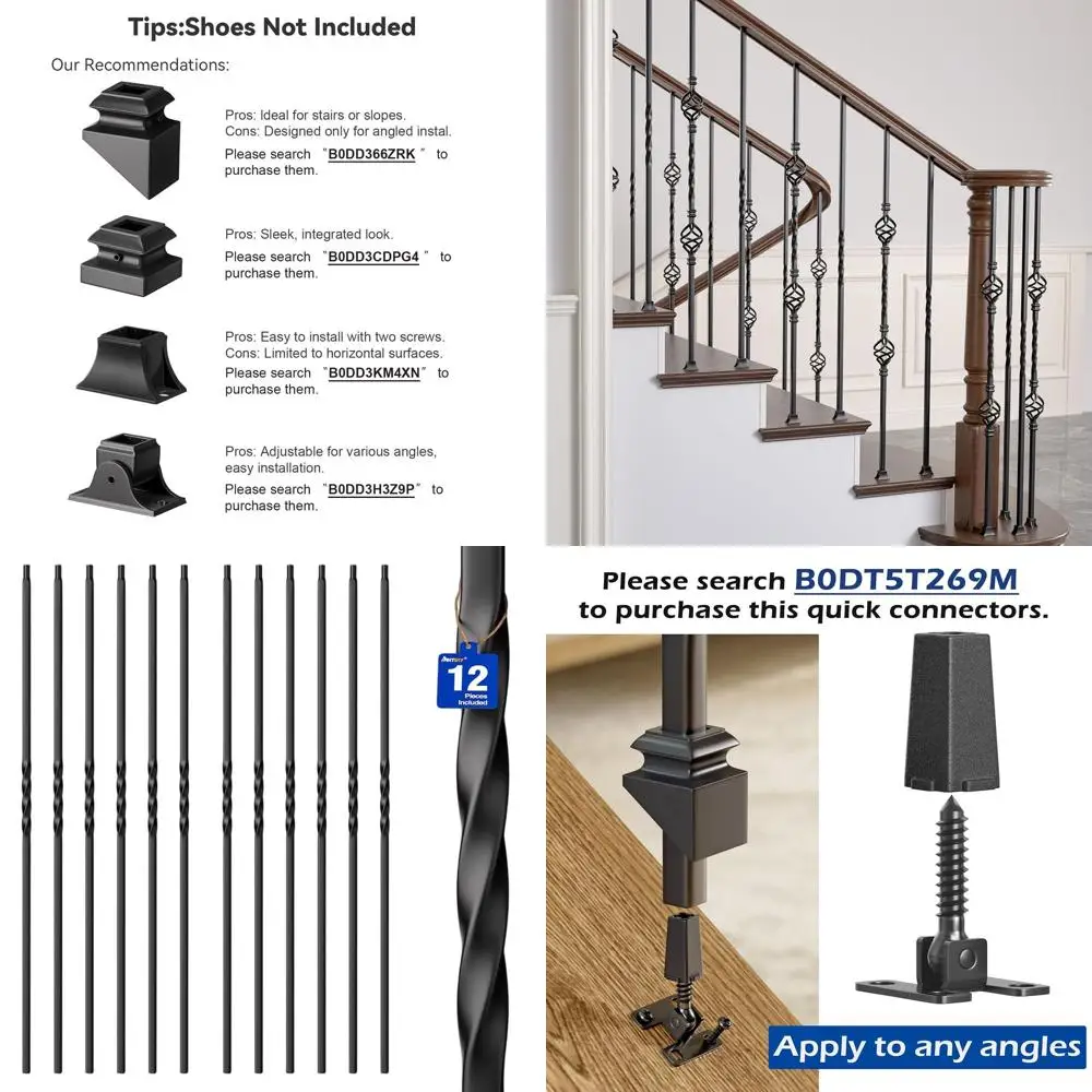 

Black Hollow Iron Balusters for Indoor Stair Railing - 12 Pack Deck Spindles