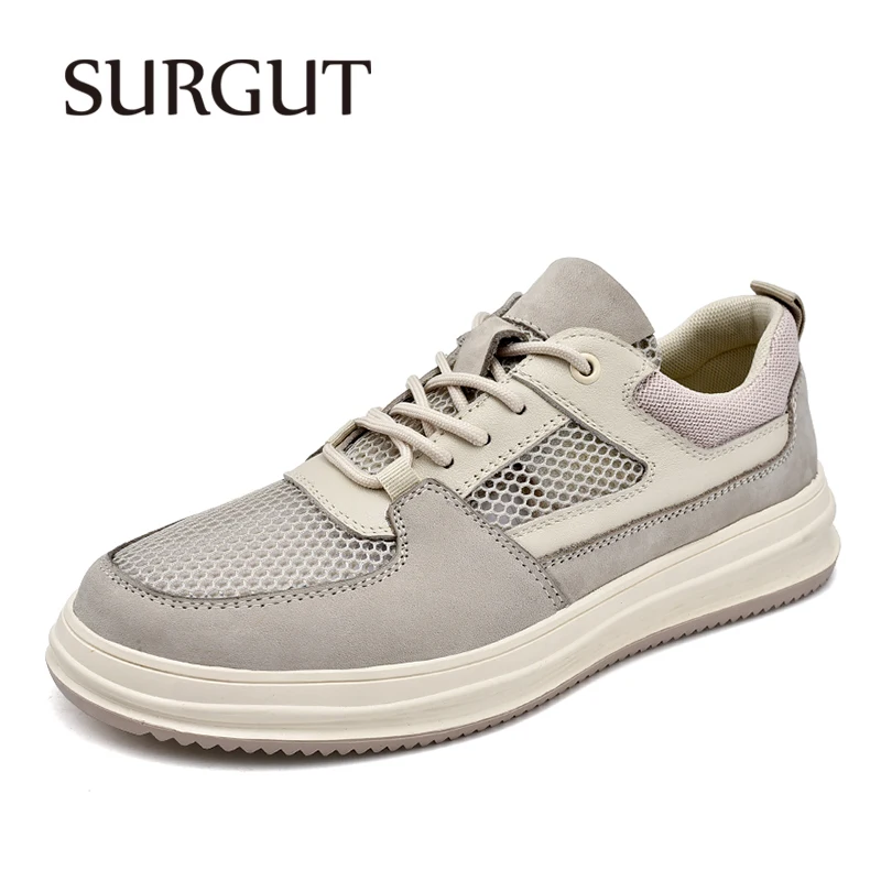 SURGUT Genuine Leather Breathable Mesh Shoes Comfortable Casual Lace Up Quality Thick Outsole Sneakers