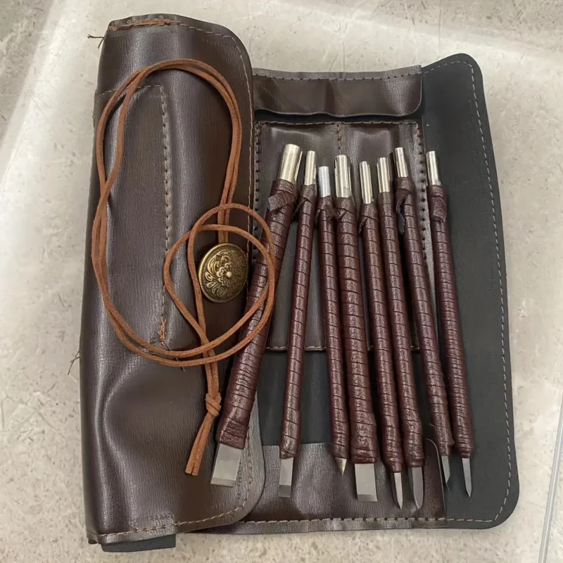 ‌8pcs Tungsten Steel Carving Chisels Set - Leather Handle & Bag for Stone/Wood/Metal Engraving