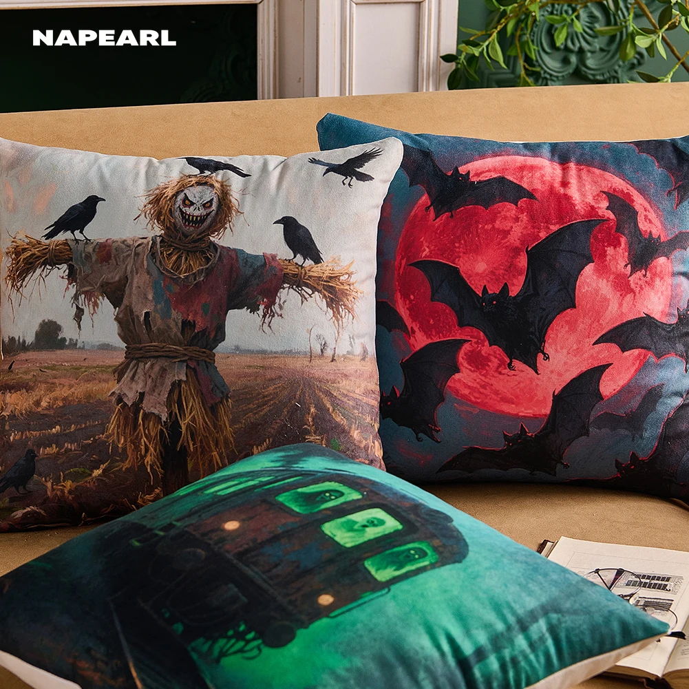1PC Printed Halloween Decoration Cushion Cover Evil Pumpkin Witch Scarecrow Bat Printed Pillowcase for Living Room