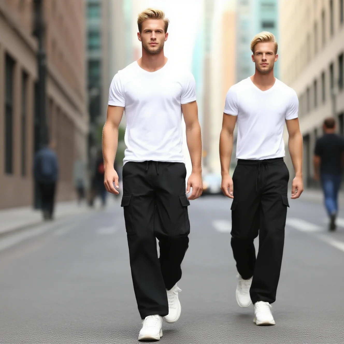 Spring and summer fashion casual men's street wear solid color multi pocket work pants elastic waist wide leg men's jogging pant