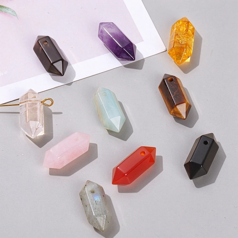 5 Stück natürliche, sechseckige Quarzkristall-, Amethyst- und Tigeraugen-Perlen-Anhänger für die Herstellung von Schmuck, Halsketten und Accessoires. – Detail 3