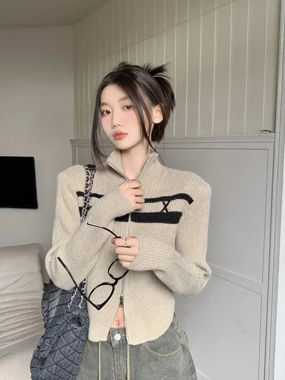 Vintage Cardigan Jackets 2024 Ropa Mujer Stand Neck Tunic Pull Femme Fashion Knitted Zipper Sueter Korean Sweater Tops for Women