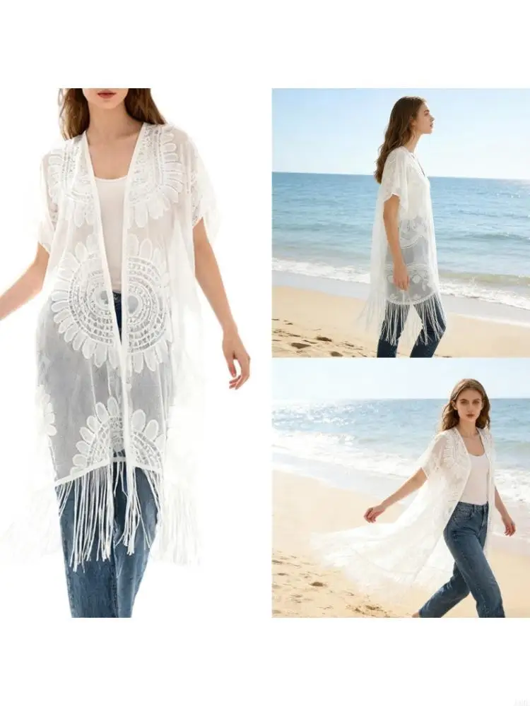 Long Tassels Lace Beach Coverup Kimono Fringed Swimsuit Coverup Cardigan For Beach Vacation Sunbathing And Daily Wear JOME