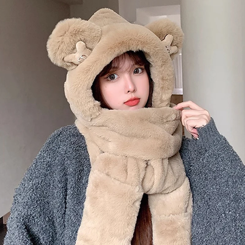 Plush Bear Hat Scarf Three Piece Set With Thickened Scarf In One Piece Thickened Warm Cold Hat