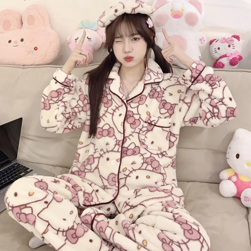 Sanrio Cartoon Hallo Kitty Korallen Samt Homewear Anime Frauen 2Pcs Plüsch Pyjamas Set Kawaii Herbst Homewear Verdicken Mädchen Nette