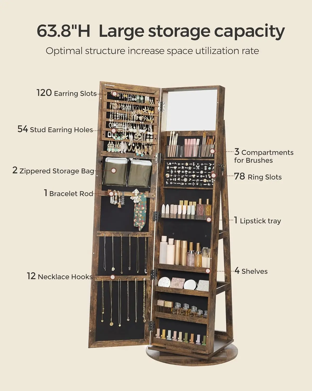 360 °   Gabinete de joyería giratorio, organizador de joyas con cerradura con espejo de longitud completa, estantes de almacenamiento traseros, espejo interior, joyería