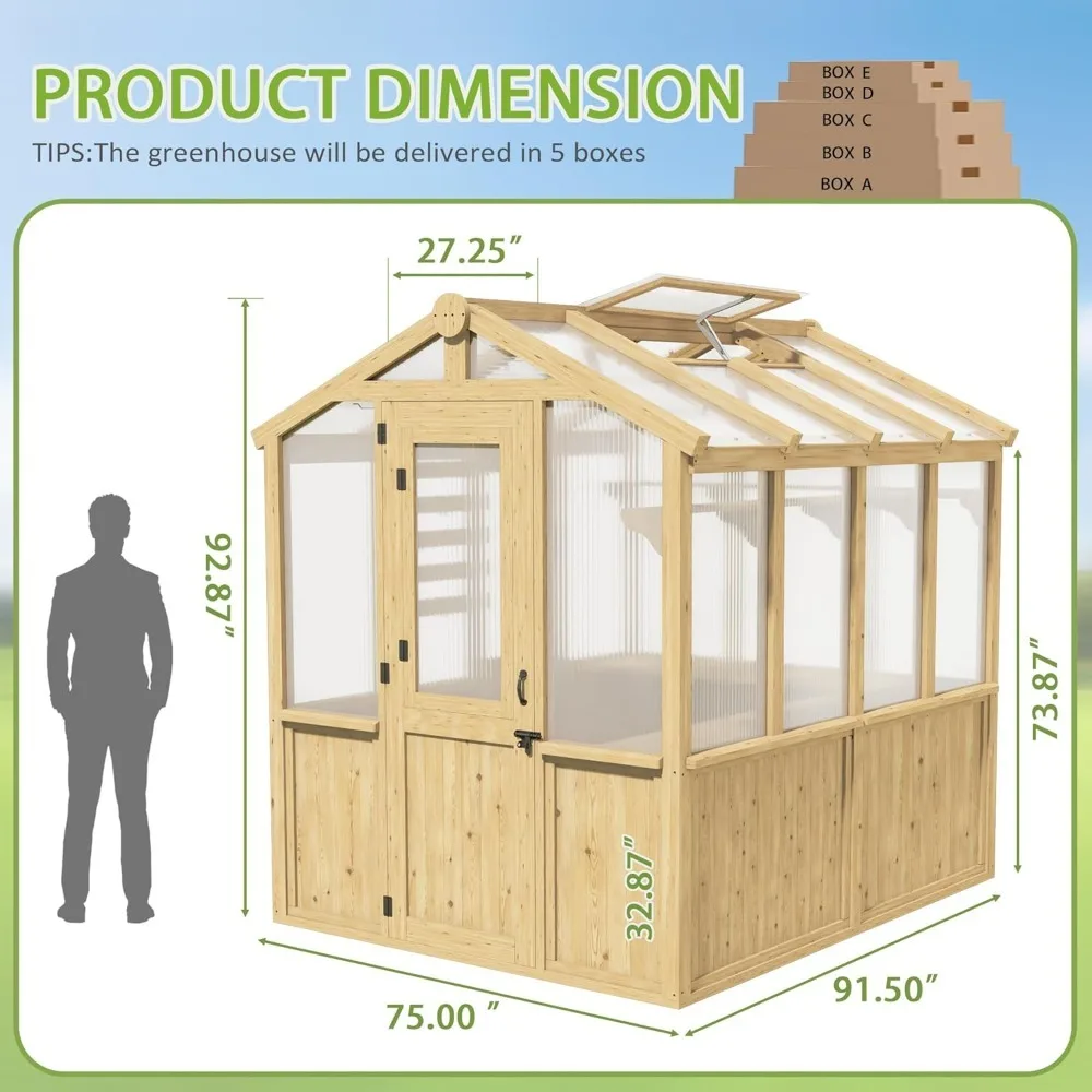 6.8x7.8 FT Greenhouse with Multi Vent Windows, Lockable Door, Foldable Shelves, Outdoor Upgraded Wood Polycarbonate Greenhouse