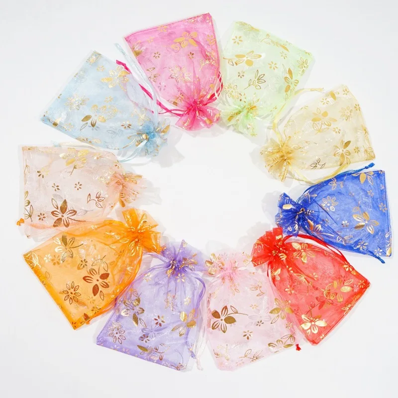 Bolsa de regalo de Organza Bauhinia, 25/50/100 Uds., 7x9, 9x12, 10x15cm, estampado de lámina de flores, estampado de flores, bolsas de embalaje de joyería para fiesta y boda