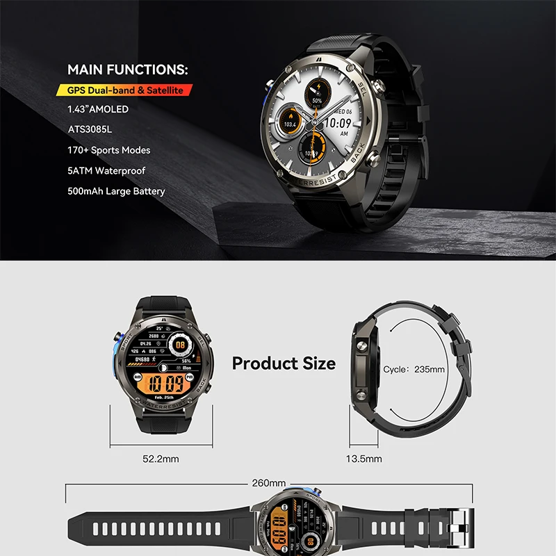 2026 جديد GPS الساعات الذكية HD الياقوت AMOLEDBluetooth دعوة معدل ضربات القلب البوصلة 5ATM مقاوم للماء 500mAh الرياضة ساعة ذكية للرجال