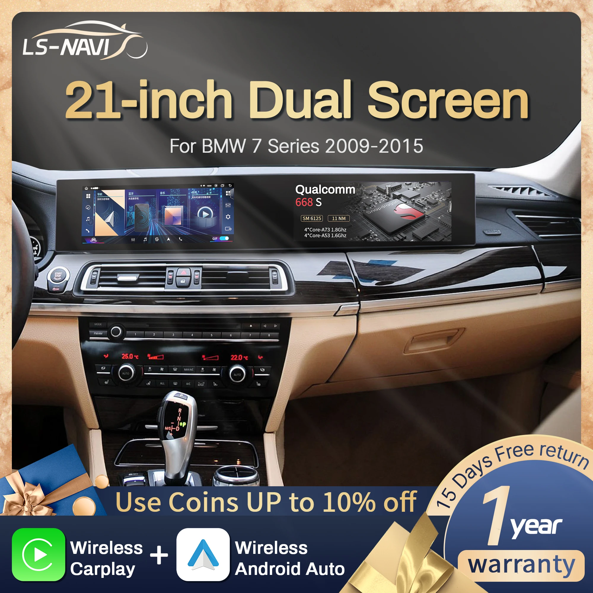 

21 inch For BMW 7 Series 2009-2015 Android Radio Wireless Apple Bluetooth Carplay Multimedia Touch Screen Stereo